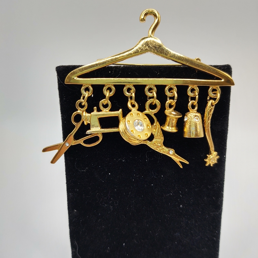 Vintage Gold Tone Hanger Brooch with Sewing Tool Charms